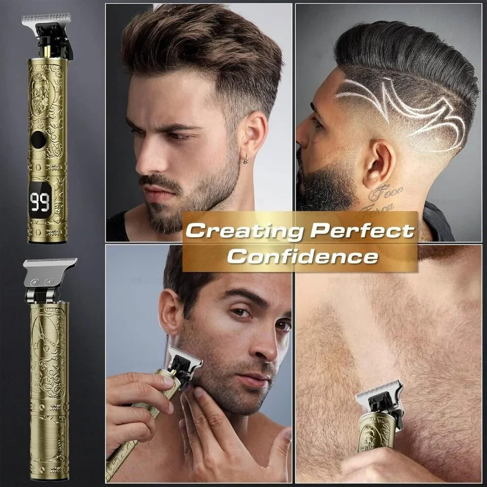 Professional Cordless Hair Clippers for Men Zero Gap T-Blade Beard Trimmer LCD